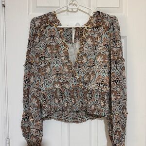 Anthropologie Brown & Mint Floral V-Neck Smocked Hem Blouse